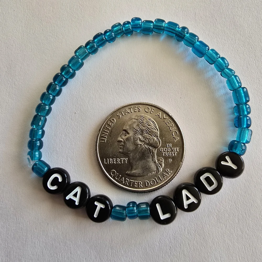 Cat Lady bracelet teal blue stretch handmade beaded word friendship jewelry